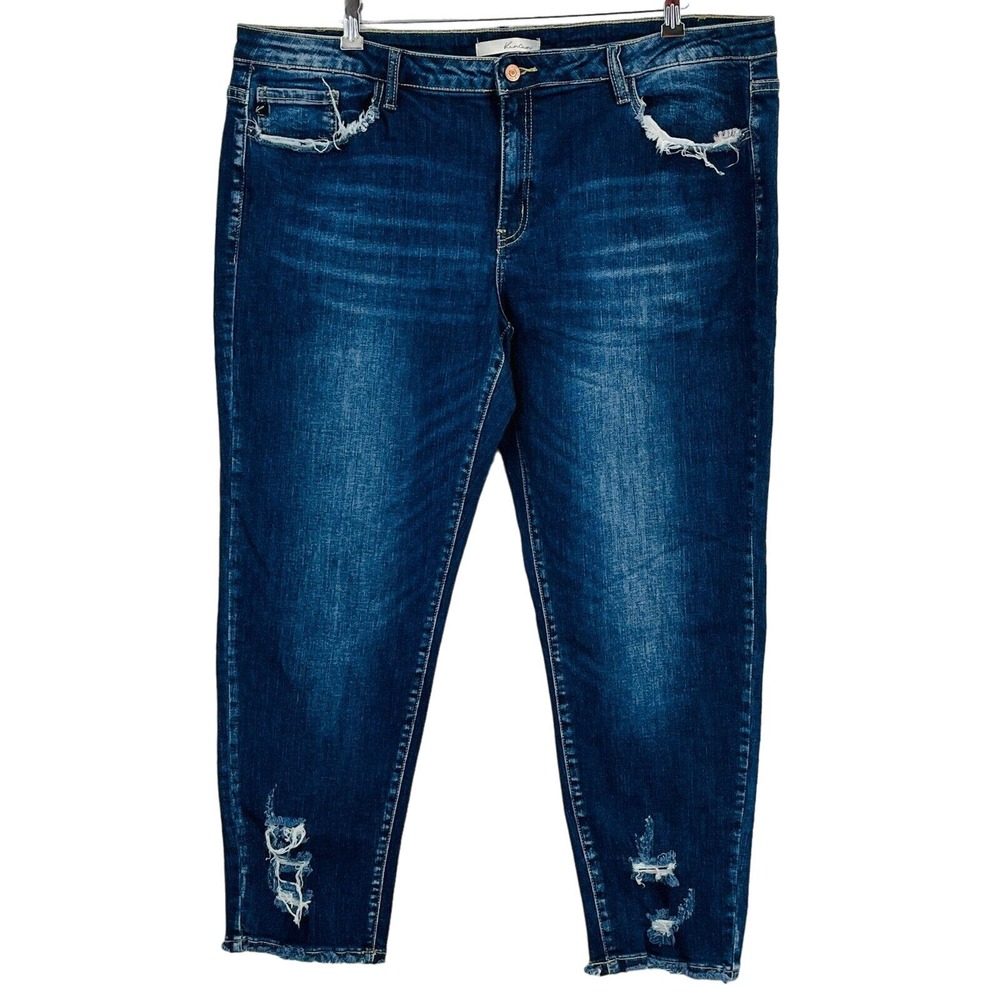 Womens 36 Kancan Jeans Mid-Rise Ankle Skinny Stretch Dark Raw Hem Distressed